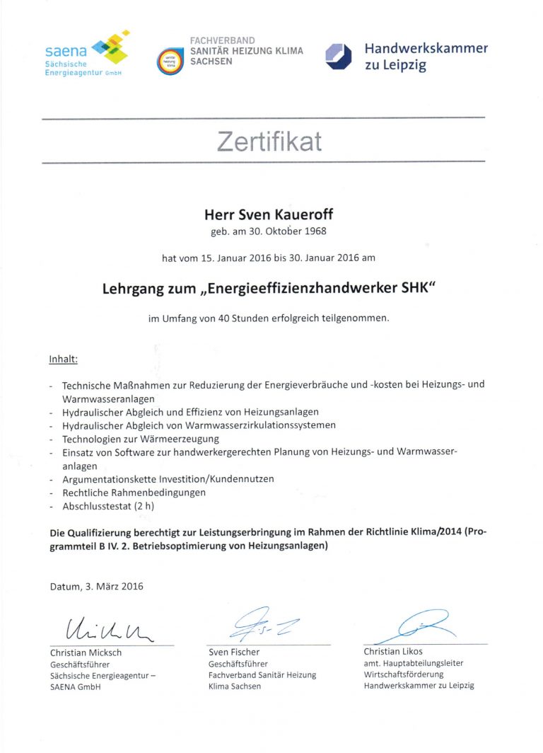 Zertifikat Effizienzhandwerker SHK