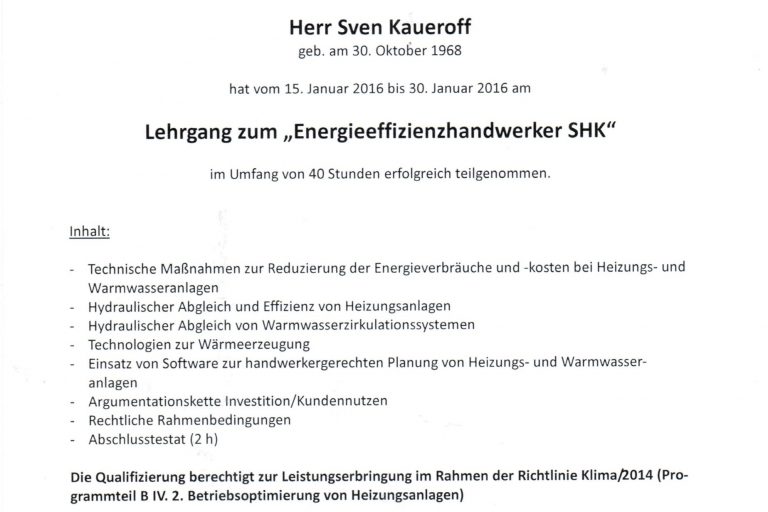 Zertifikat Effizienzhandwerker SHK