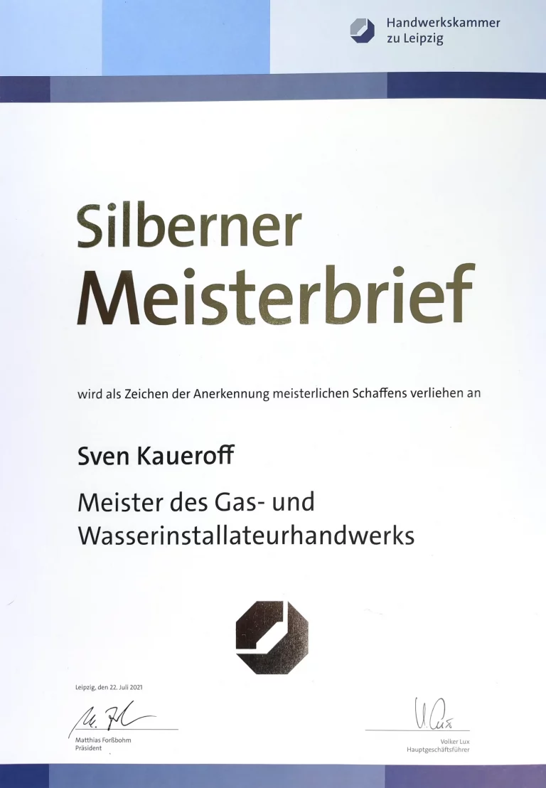 Silberner Meisterbrief Sven Kaueroff ist Meister des Gas- und Wasserinstallateurshandwerk