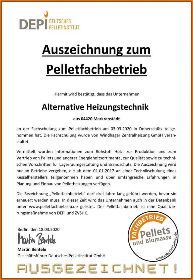 Auszeichnung zum Pelletfachbetrieb
